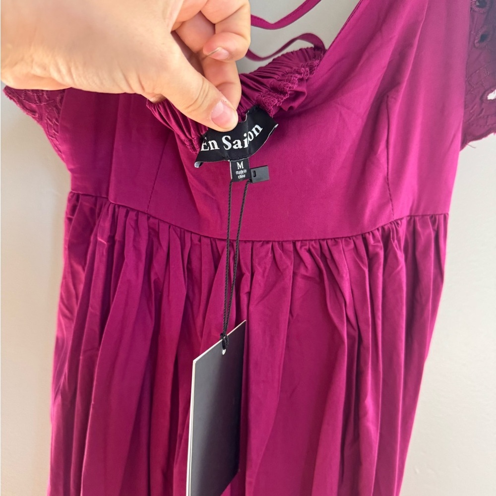 En Saison Eyelet Puff Sleeve Midi Dress M Magenta Cottagecore Romantic - Picture 8 of 10